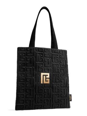 Balmain Black Quilted Velvet Tote with Gold Monogram